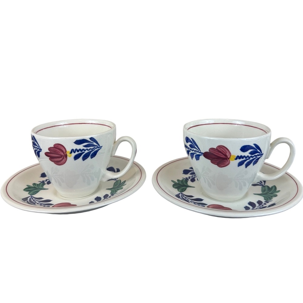VTG PAIR (2) Boch Belgium Boerenbont Handpainted Teacup Saucer Audrey Floral